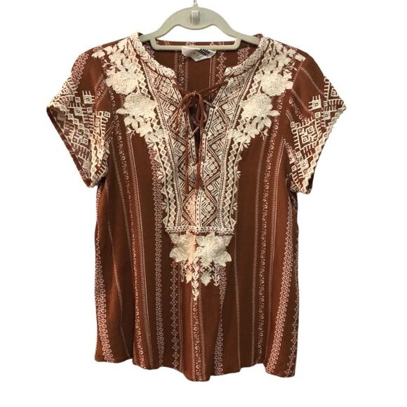 Savanna Jane Women’s Top Sz S Brown Tie Front Blouse with Cream Embroidery - Picture 1 of 6